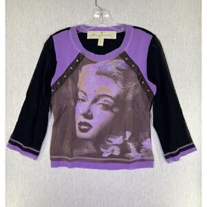 VTG Mosquito Marilyn Monroe Purple & Black Mesh Shirt Women's Large Rhinestones‎